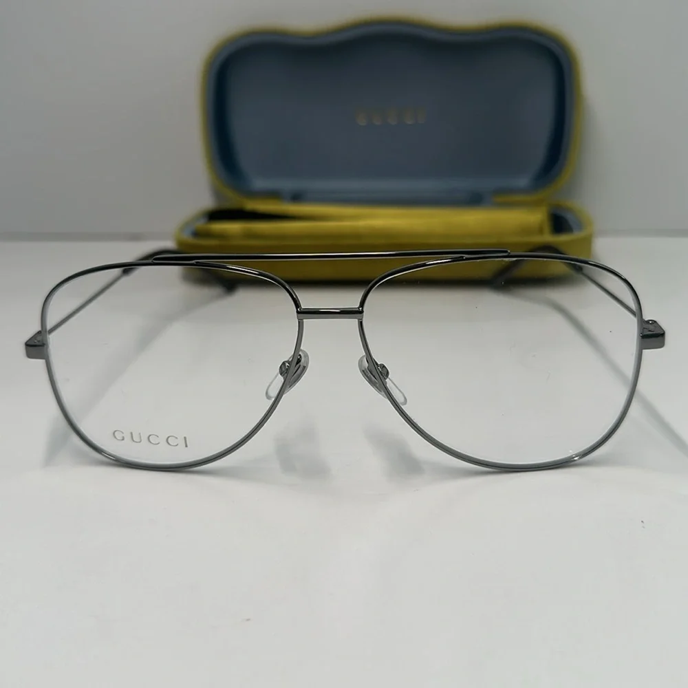 Gucci Silver Aviator Glasses NEW GG0442O Aviator Eyeglasses – Ruthenium / Silver